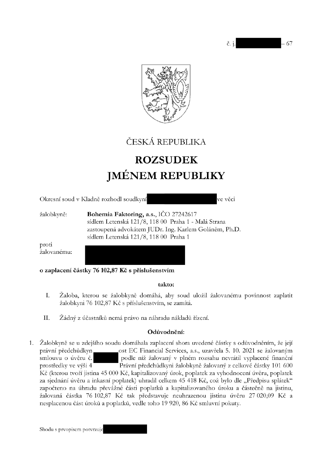 První strana anonymizovaného rozhodnutí