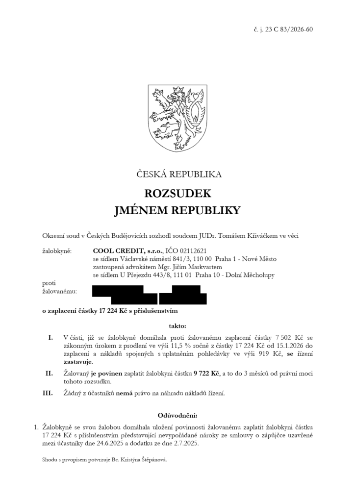 První strana anonymizovaného rozhodnutí
