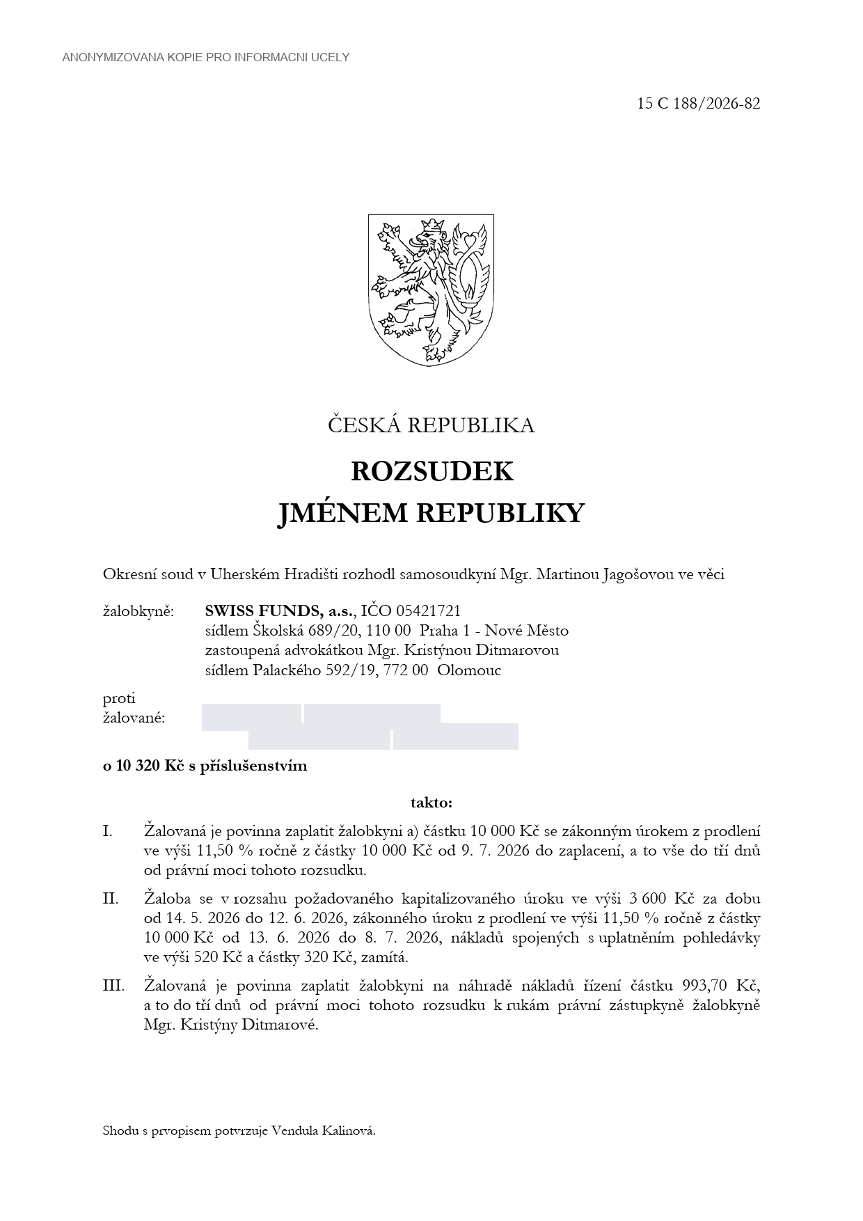 Anonymizované soudní rozhodnutí, strana 1 z 4